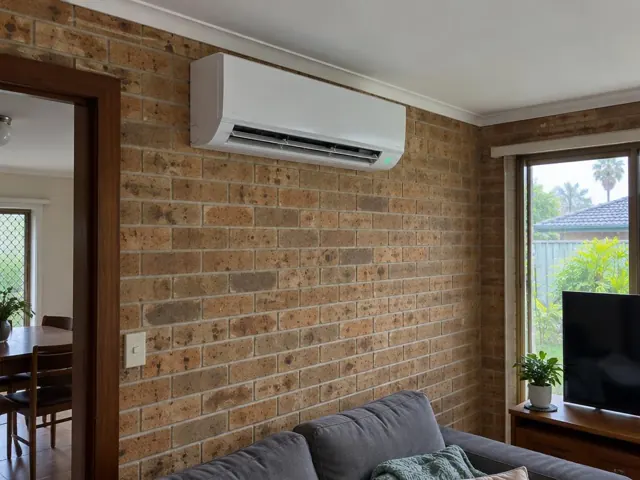 Wall-mounted split system running on a brick living room wall with open louvre in Bundall
