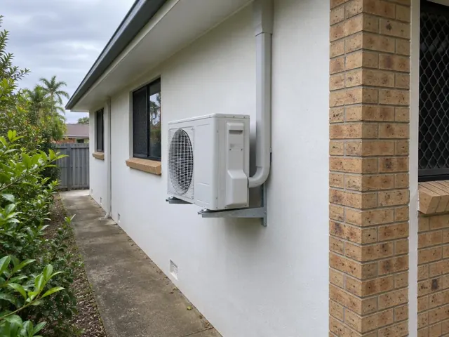 Wall-mounted air conditioner outdoor unit beside a brick-and-render house with pipe cover in Ashmore